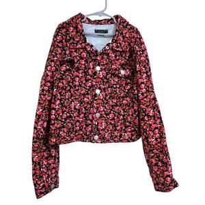 Denim Jacket Flowers Girls XL 14/16 Pink Black Cropped Trucker Sanctuary New
